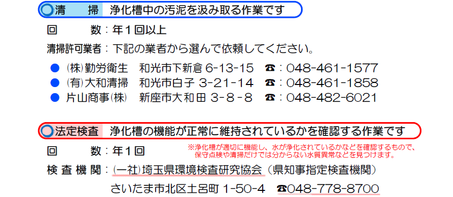 イラスト：浄化槽管理者の3つの義務　清掃、法定検査