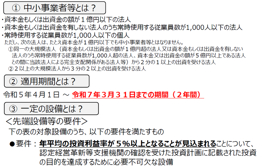 イラスト：（1）中小事業者等とは？（2）適用期間とは？（3）一定の設備とは？