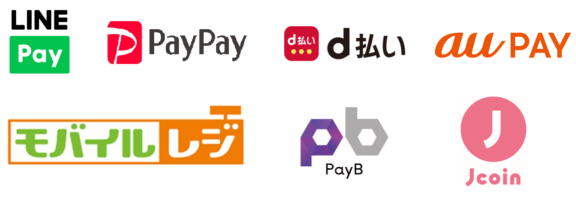 イラスト：アプリアイコン　LINEPay　PayPay　d払い　auPAY　モバイルレジ　PayB　Jcoin