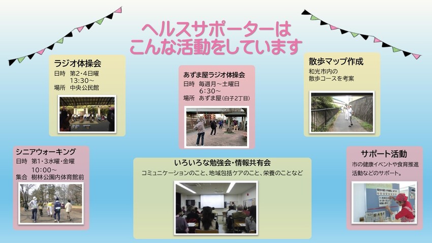 ヘルスサポーターの活動を紹介します。ラジオ体操や散歩マップの作製、市のイベントのサポートなど様々な活動をしています。