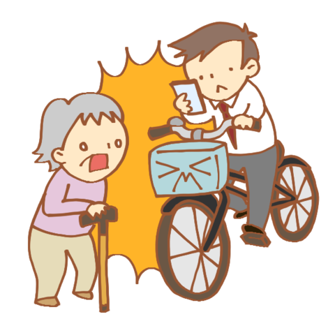 イラスト：自転車に乗りながらスマホを見ていて、事故を起こしそうになっている人