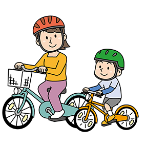 イラスト：ヘルメットをかぶって自転車に乗る親子