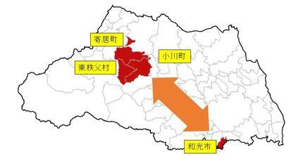 地図：和光市と小川町、東秩父村、寄居町の位置図