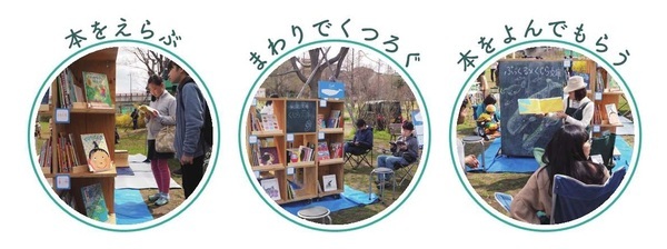 写真：本をえらぶ、まわりでくつろぐ、本をよんでもらう