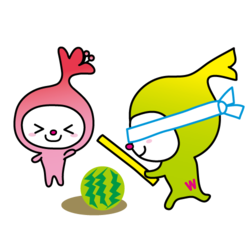 イラスト：スイカ割りをするわこうっちとさつきちゃん