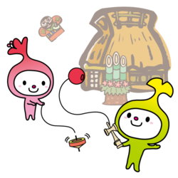 イラスト：コマで遊ぶさつきちゃんとけん玉で遊ぶわこうっち