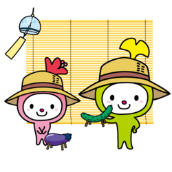 イラスト：お盆のお供えと麦わら帽子を被ったわこうっちとさつきちゃん