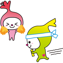 イラスト：バトンを持って走るわこうっちとボンボンを持って応援するさつきちゃん