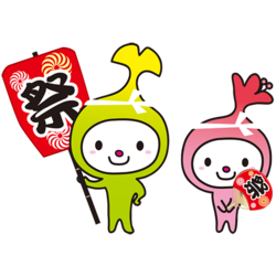 イラスト：祭うちわを持ったわこうっちとさつきちゃん