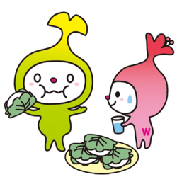 イラスト：かしわもちを詰まらせたわこうっちと水を差しだすさつきちゃん