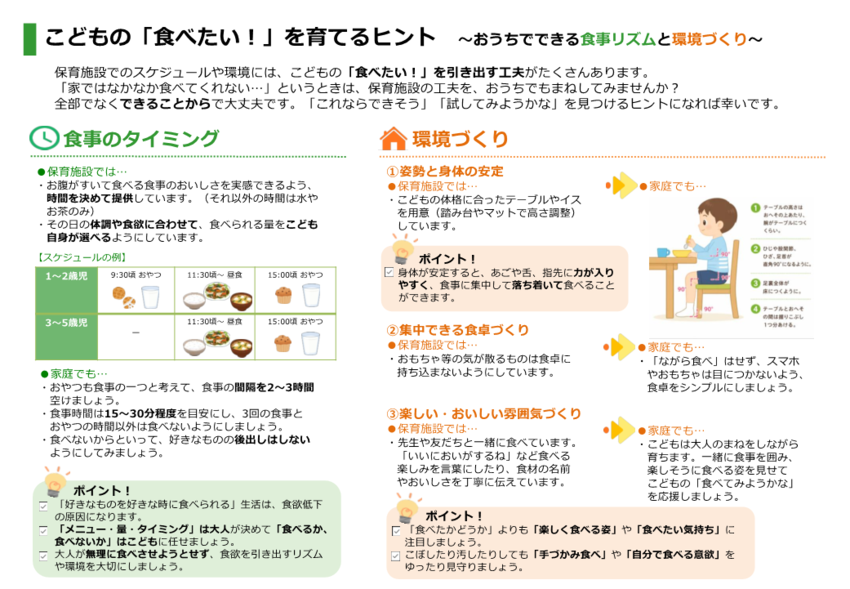 「こどもの「食べたい！」を育てるヒント」の説明イラスト